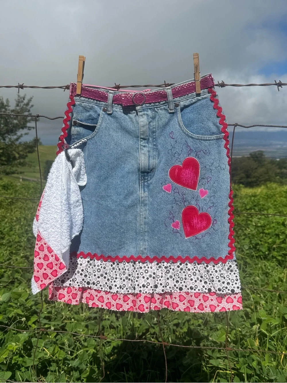 Handmade heart denim jean apron embroidered ruffles cottage farmhouse